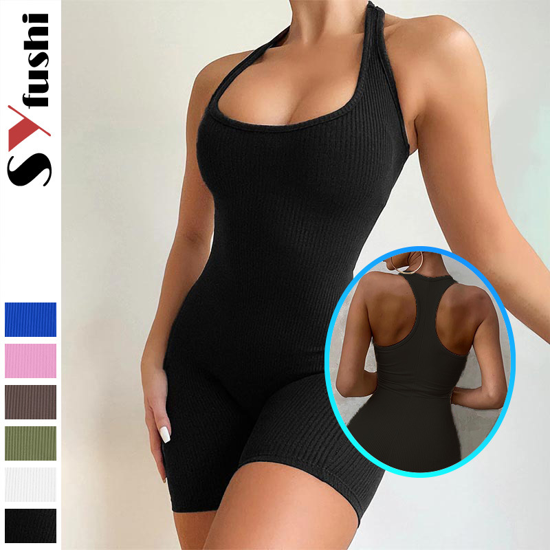 Cross-border Europe and the United States fashion summer women's work back U collar sexy solid color tight package hip sports one-piece yoga pants short